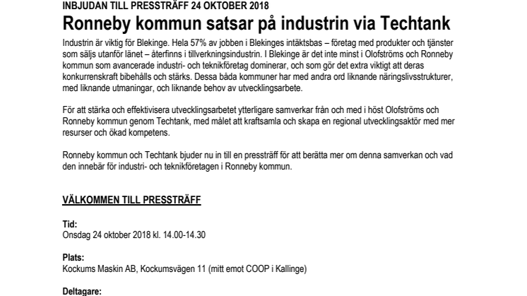Ronneby kommun satsar på industrin via Techtank