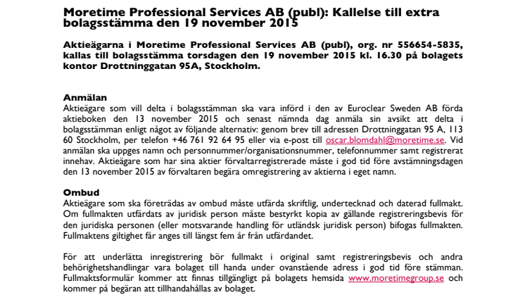 Moretime Professional Services AB (publ) kallar till extra bolagsstämma 19 november
