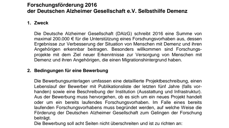 Deutsche Alzheimer Gesellschaft schreibt Forschungsförderung 2016 aus