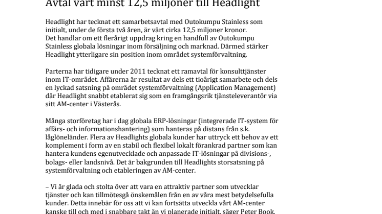 Avtal värt minst 12,5 miljoner till Headlight