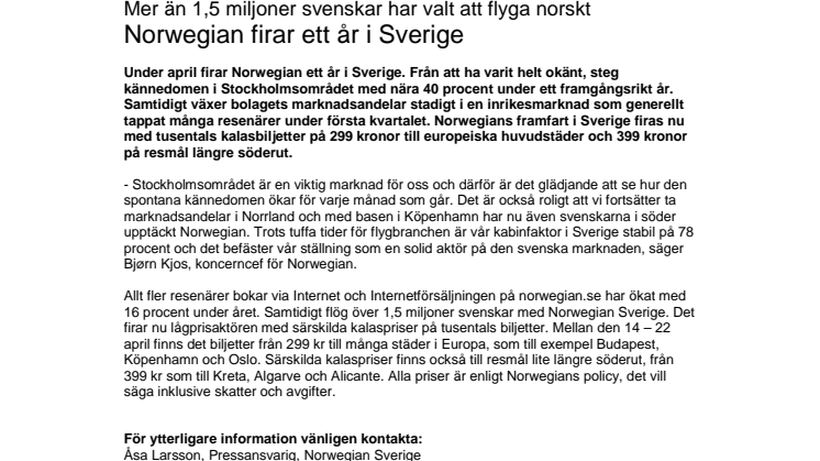Mer än 1,5 miljoner svenskar har valt att flyga norskt - Norwegian firar ett år i Sverige 