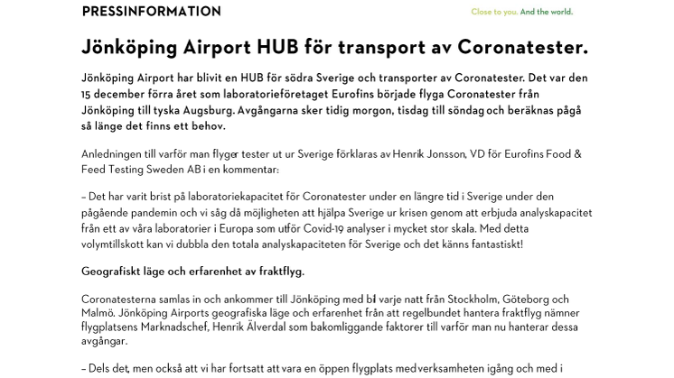 Jönköping Airport HUB för transport av Coronatester.