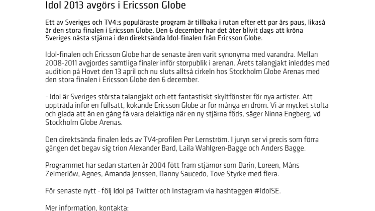 Idol 2013 avgörs i Ericsson Globe