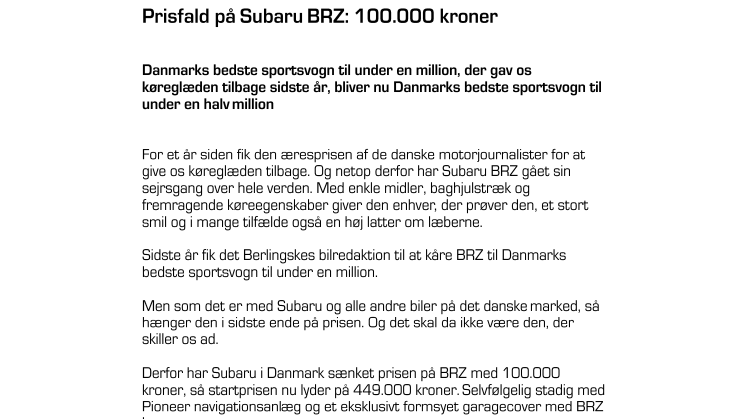 Prisfald på Subaru BRZ: 100.000 kroner