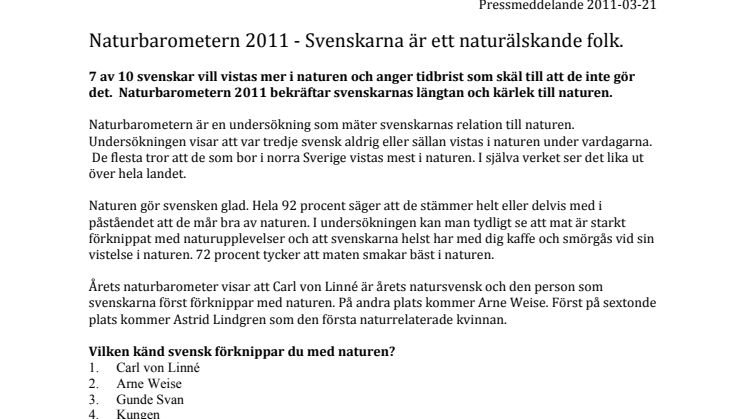 Naturbarometern 2011 - Svenskarna är ett naturälskande folk. 