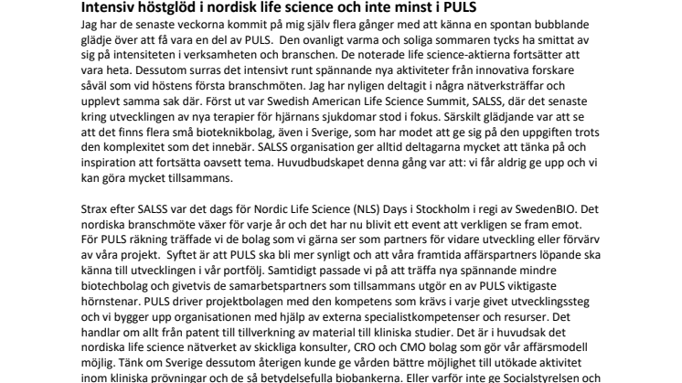 Intensiv höstglöd i nordisk life science och inte minst i PULS 