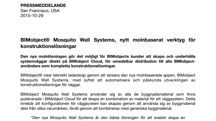 BIMobject® Mosquito Wall Systems, nytt molnbaserat verktyg för konstruktionslösningar
