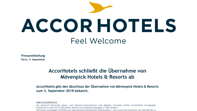 AccorHotels schließt die Übernahme von Mövenpick Hotels & Resorts ab