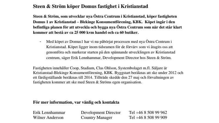 Steen & Ström köper Domus fastighet i Kristianstad