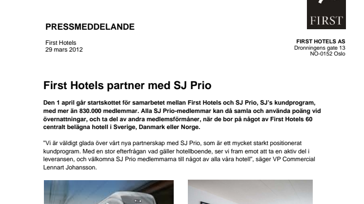 First Hotels partner med SJ Prio