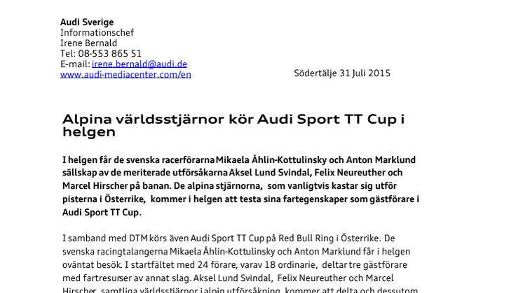 Alpina världsstjärnor kör Audi Sport TT Cup i helgen