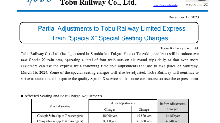 Partial Adjustments to Tobu Railway Limited Express Train ”Spacia X” Special Seating Charges