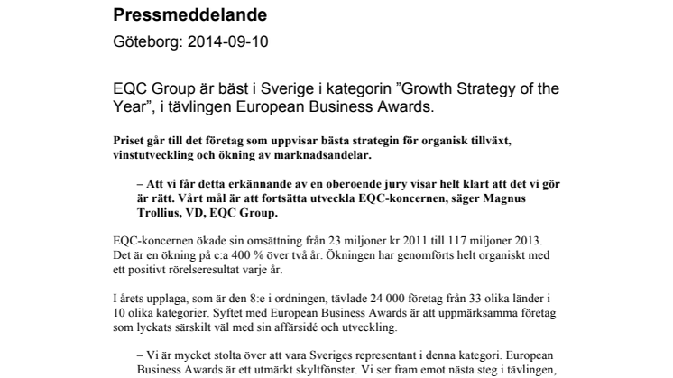 EQC Group är bäst i Sverige i kategorin ”Growth Strategy of the Year”, i tävlingen European Business Awards