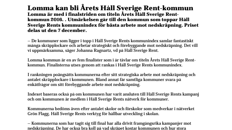 Lomma kan bli Årets Håll Sverige Rent-kommun