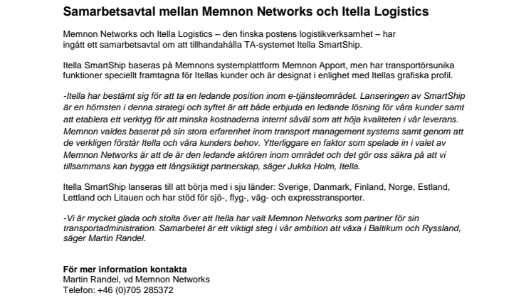 Samarbetsavtal mellan Memnon Networks och Itella Logistics 