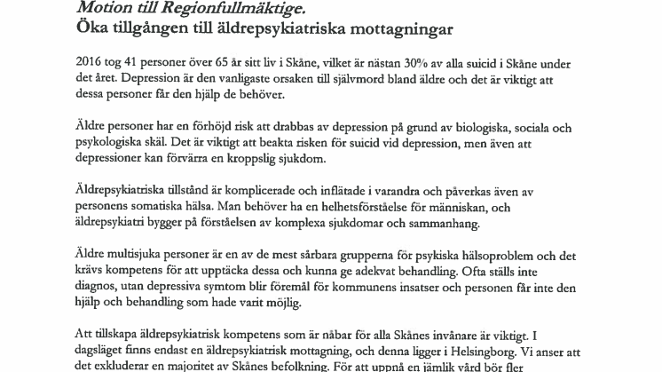 Motion: Öka tillgången till äldrepsykistriska mottagningar