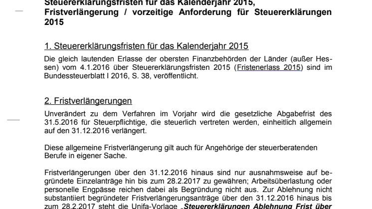 Steuererklärungsfristen 2016 - Fristverlängerung und vorzeitige Aufforderung zur Abgabe der Steuererklärungen 2015