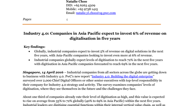 ​Industry 4.0: Companies in Asia Pacific expect to invest 6% of revenue on digitalisation in five years