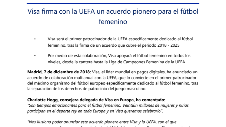 Visa firma con la UEFA un acuerdo pionero para el fútbol femenino