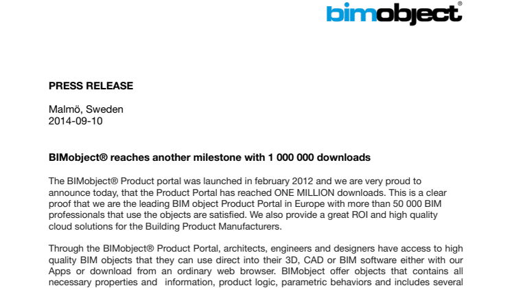 BIMobject® reaches another milestone with 1 000 000 downloads