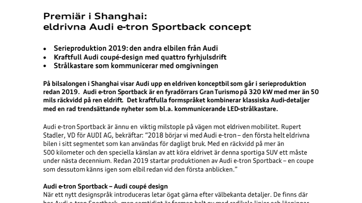 Premiär i Shanghai för eldrivna Audi e-tron Sportback concept