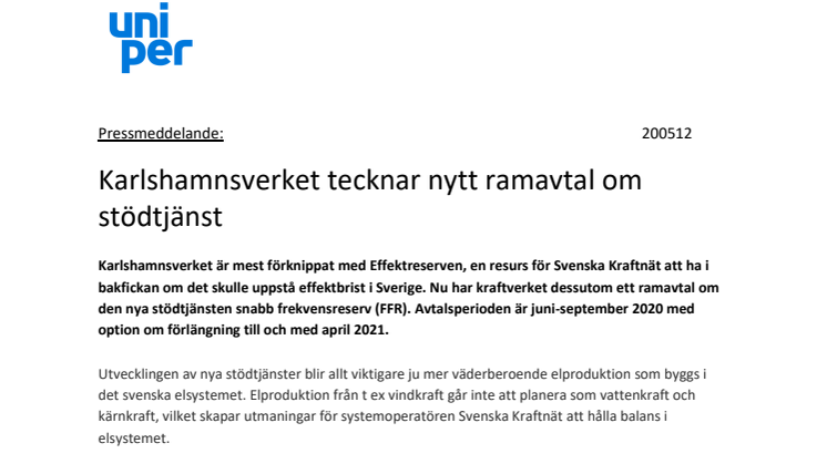 Karlshamnsverket tecknar nytt ramavtal om stödtjänst 