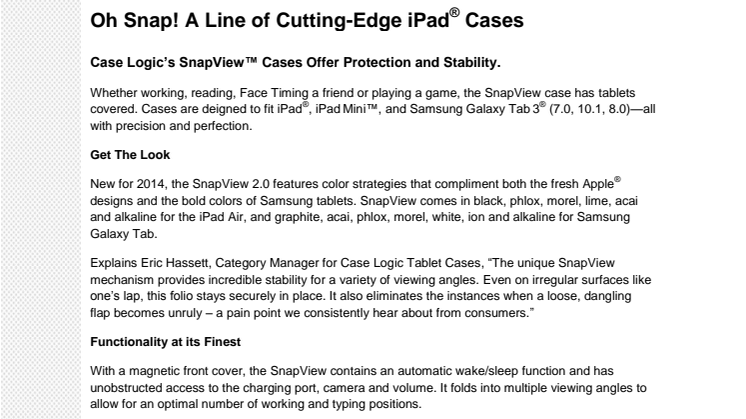 Case Logic Snapview, a Line of Cutting-Edge iPad® Cases