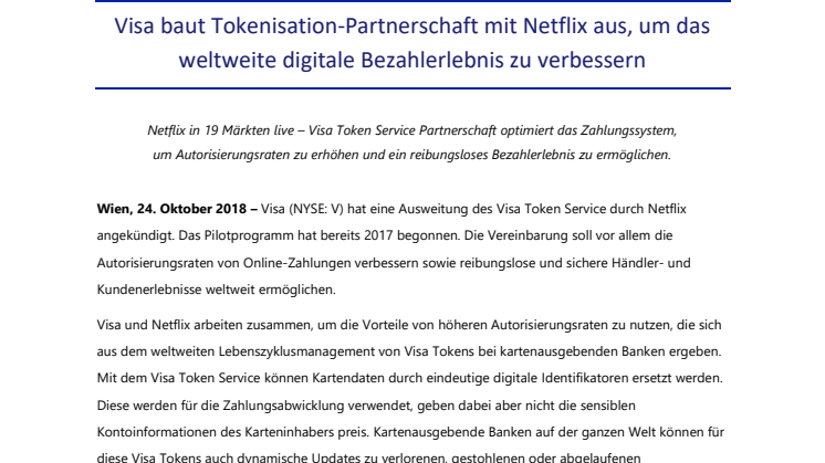 Visa baut Tokenisation-Partnerschaft mit Netflix aus, um das weltweite digitale Bezahlerlebnis zu verbessern