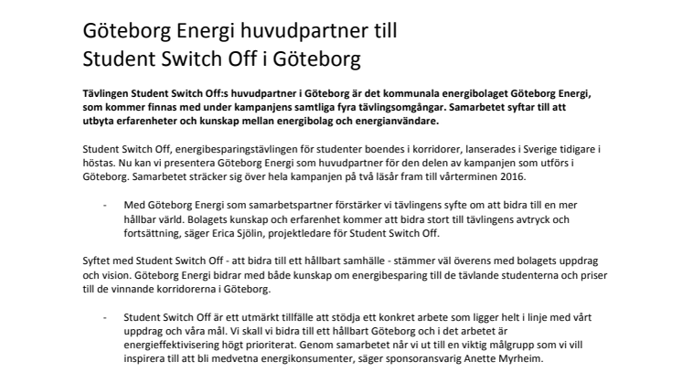 ​Göteborg Energi huvudpartner till Student Switch Off i Göteborg