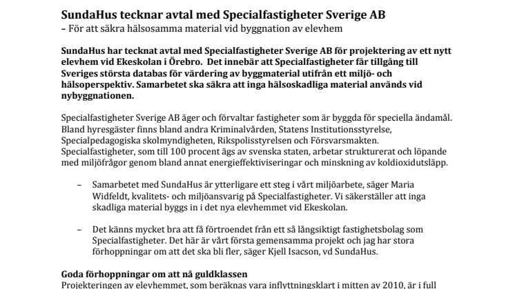 SundaHus tecknar avtal med Specialfastigheter Sverige AB  – Säkrar hälsosamma material vid byggnation av elevhem