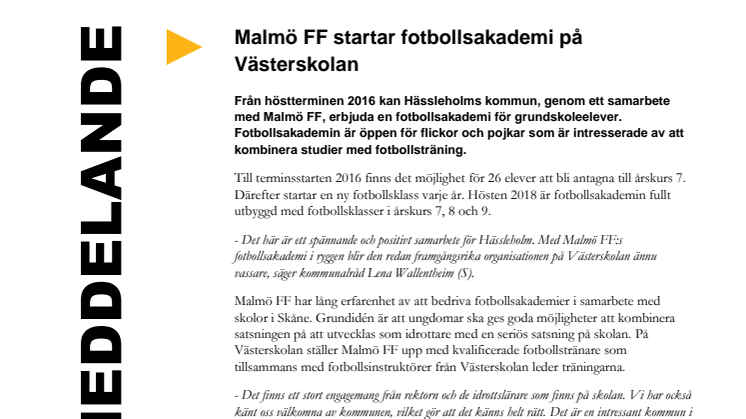 Malmö FF startar fotbollsakademi på Västerskolan