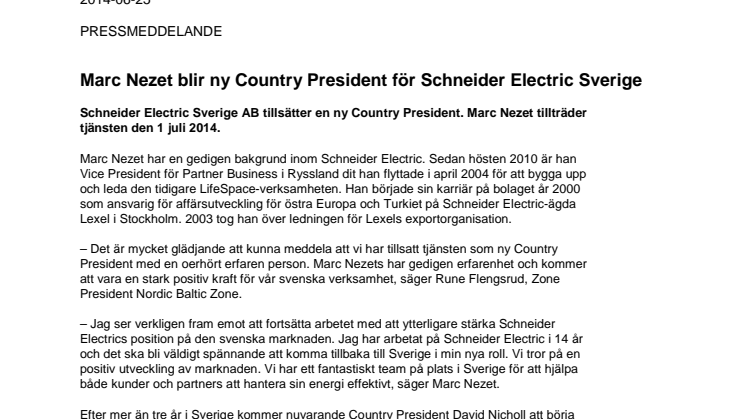 Marc Nezet blir ny Country President för Schneider Electric Sverige
