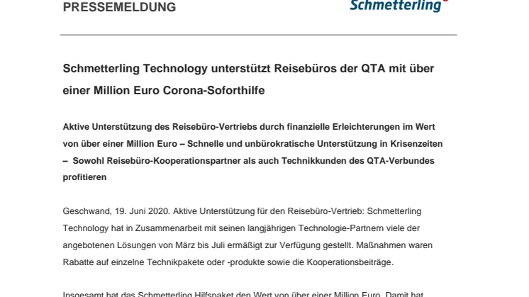 Schmetterling Technology unterstützt Reisebüros der QTA mit über einer Million Euro Corona-Soforthilfe