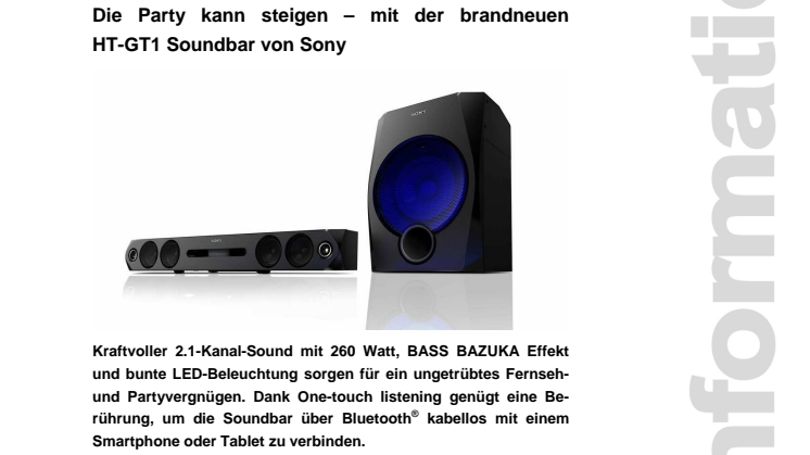 Pressemitteilung "Die Party kann steigen – mit der brandneuen HT-GT1 Soundbar von Sony"