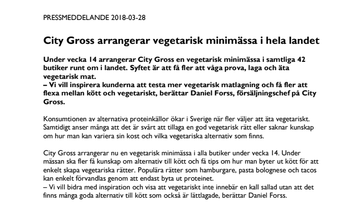 City Gross arrangerar vegetarisk minimässa i hela landet