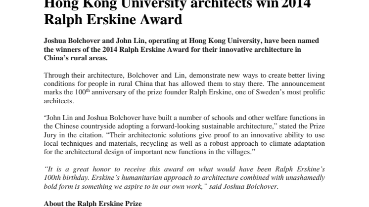 Hong Kong University architects win 2014 Ralph Erskine award