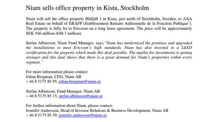 Niam sells office property in Kista, Stockholm