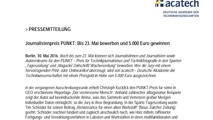 Journalistenpreis PUNKT: Bis 23. Mai bewerben und 5.000 Euro gewinnen