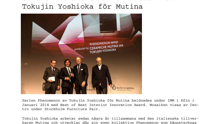 Phenomenon WIND - mosaik av Tokujin Yoshioka för Mutina prisbelönt i Köln