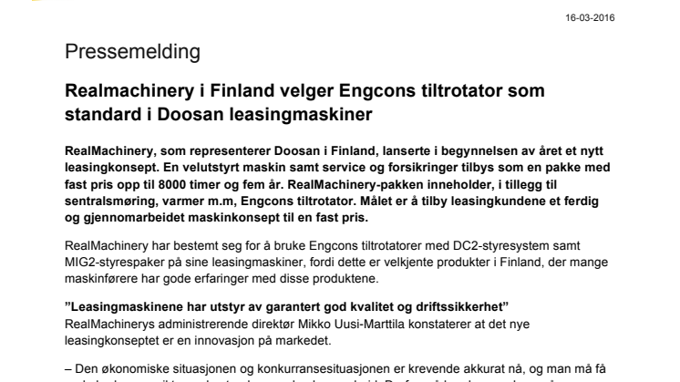 RealMachinery i Finland velger Engcons tiltrotator som standard i Doosan leasingmaskiner