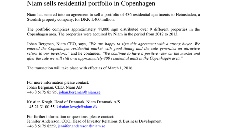 Niam sells residential portfolio in Copenhagen