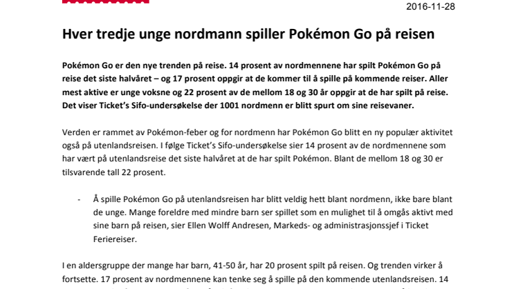 Hver tredje unge nordmann spiller Pokémon Go på reisen