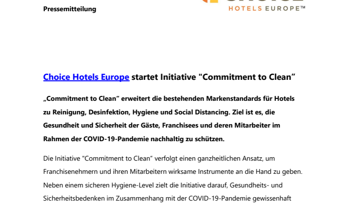 Choice Hotels Europe startet Initiative "Commitment to Clean” 