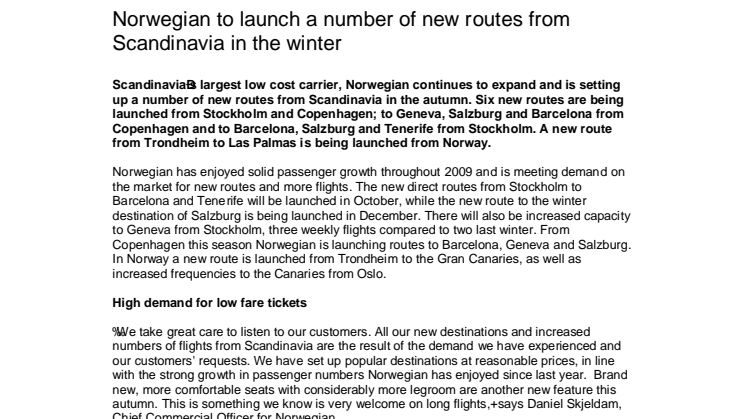 Norwegian to launch a number of new routes from Scandinavia in the winter