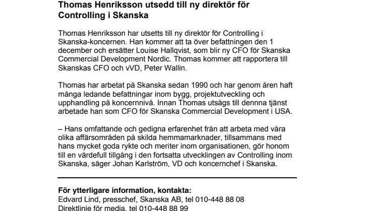 Thomas Henriksson utsedd till ny direktör för Controlling i Skanska
