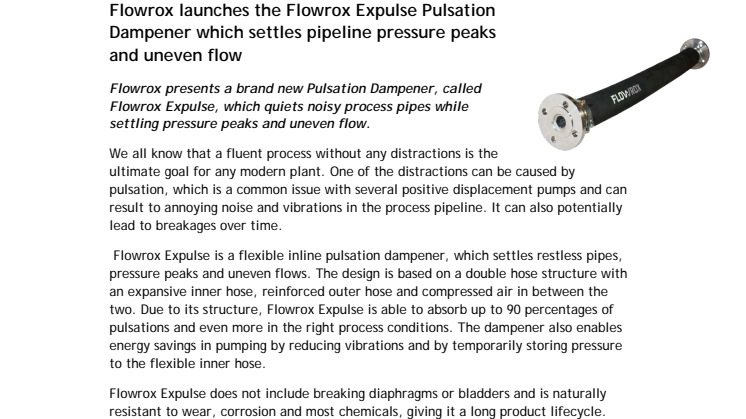 Flowrox launches the Flowrox Expulse™ Pulsation Dampener which settles pipeline pressure peaks and uneven flow
