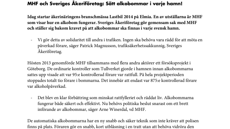 MHF och Sveriges Åkeriföretag: ”Sätt alkobommar i varje hamn!”