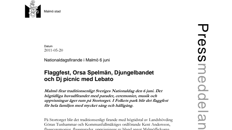 Nationaldagsfirande i Malmö; Flaggfest, Orsa Spelmän, Djungelbandet och Music picnic med Lebato