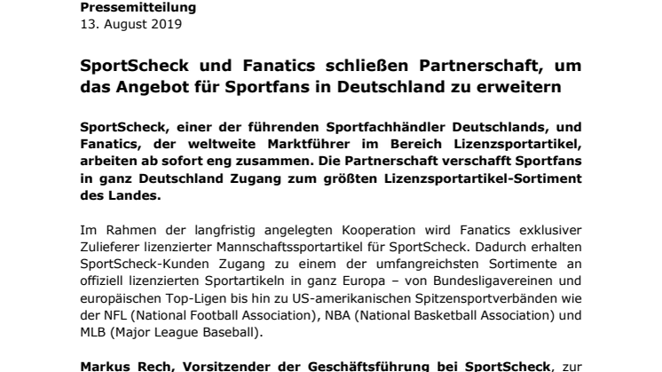 SportScheck und Fanatics schließen Partnerschaft, um das Angebot für Sportfans in Deutschland zu erweitern