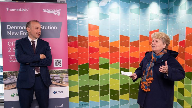 Rail Minister Chris Heaton-Harris and local resident Sandi Toksvig welcome Denmark Hill station's new "climate positive" entrance